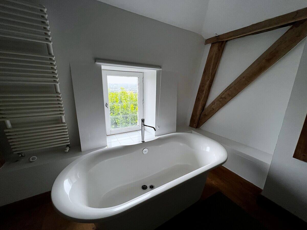 Freestanding bath beneath original roof timbers in the master suite bathroom