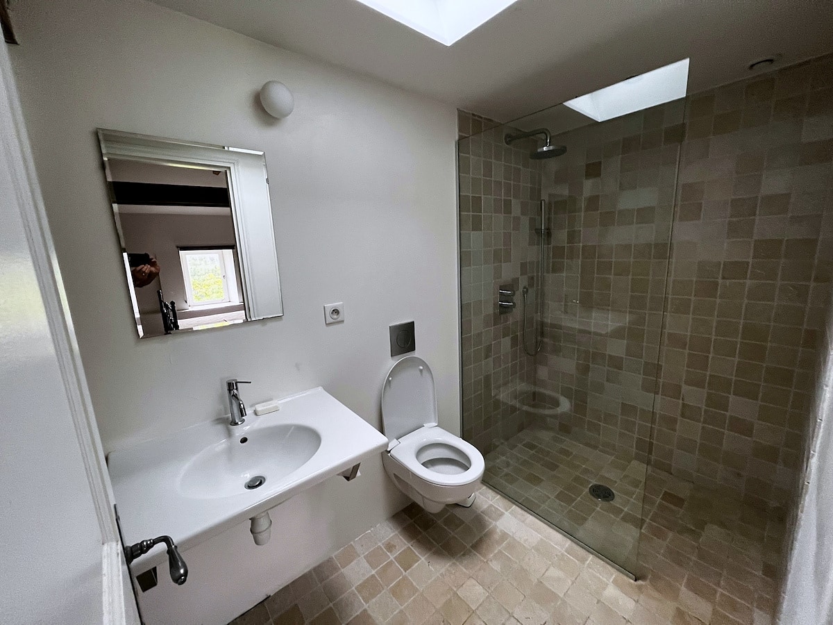 En-suite shower room with stone tiles, walk-in rainfall shower and skylight